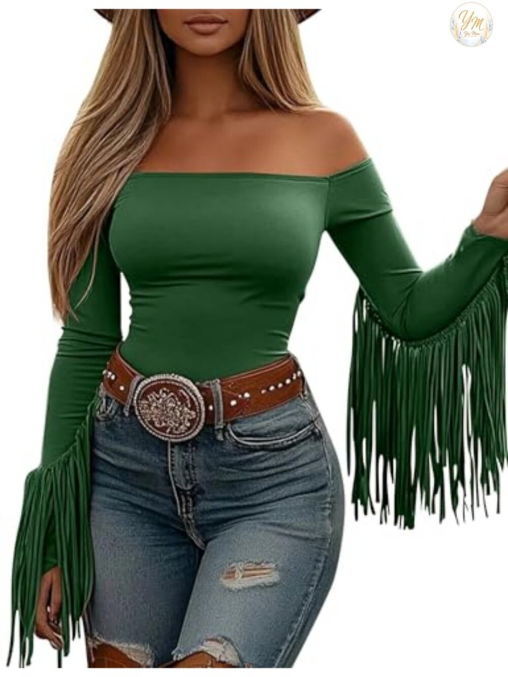 Fringe Crop Top Western Cowgirl Off Shoulder Long Sleeve Tassel Blouse